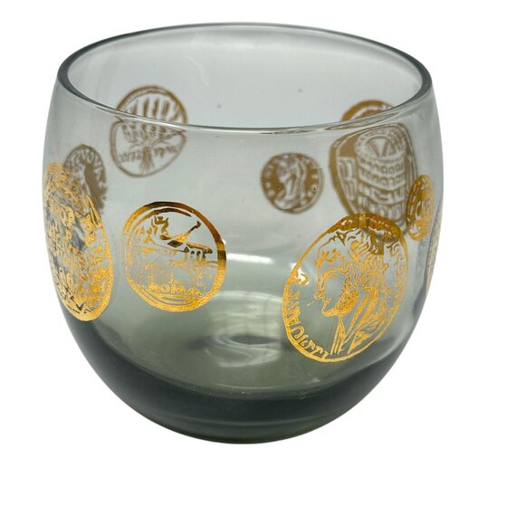 Federal Glass Roman Coin Roly Poly Smoky Lowball Cocktail Glasses MCM - Picture 5 of 13